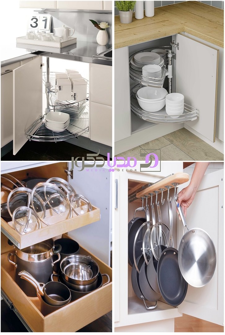 چیدمان اصولی داخل کابینت آشپزخانه کوچک که برای در آن از اکسسوری چرخان و ریلی استفاده شده است
